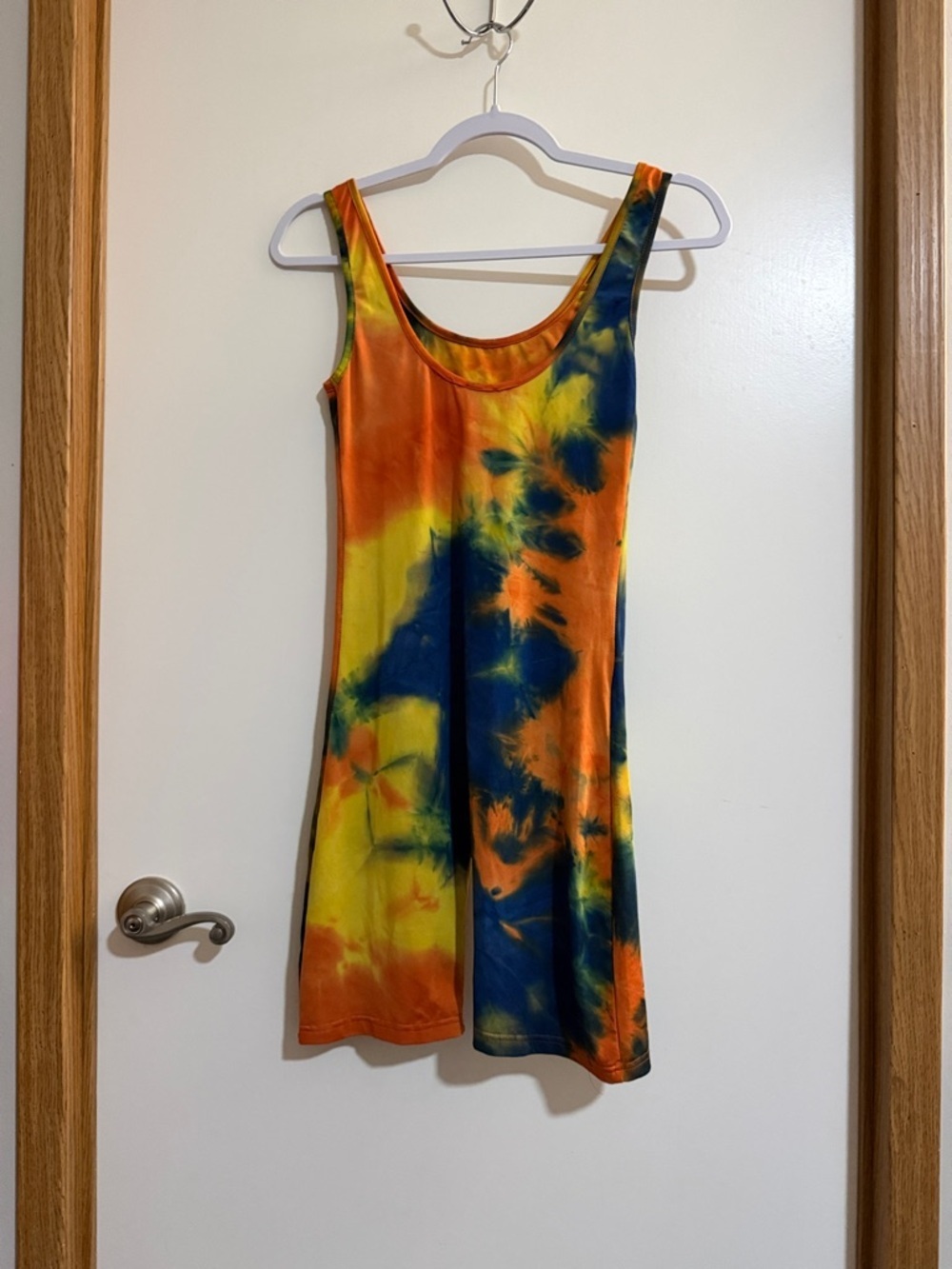 Daisy Sleeveless Tie-Dye Mini Dress in Orange, Yellow & Navy